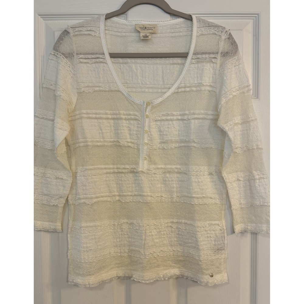 Denim Supply Ralph Lauren Top Sz L Ivory Lace Trim Sheer Peasant‎ Boho Western